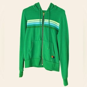RARE Aviator Nation 5 Stripe Zip Hoodie in Kelly Green & Blue.